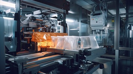 an automatic industrial machine in action, packaging products and food on an automated packaging line with plastic film, conveying the efficiency and of machinery in the product packaging process.