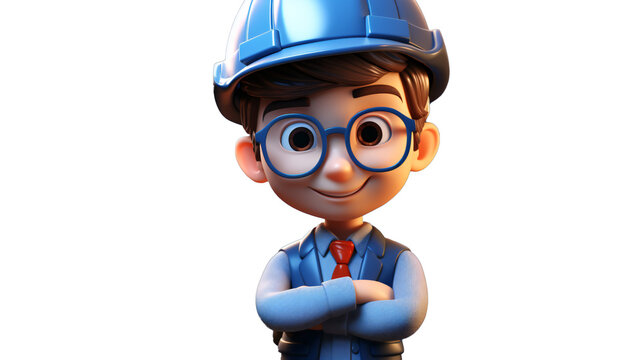 A 3d cartoon engineer character wearing a hard hat and glasses