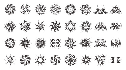 Retro, acid, y2k creative radial icons. Tribal brutalist mandalas set elements. Starburst for decorations. Vector illustration.