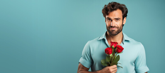 Handsome Man Holding Red Rose for Valentines Day on a  Blue Background with Space for Copy