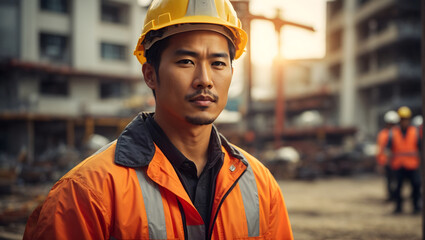 Portrait of a skilled male builder, wearing a hard hat, amidst the industrious atmosphere of a construction site