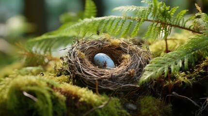 Bird nest with egg in green foliage, selective focus. Generative AI