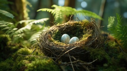 Naklejka na ściany i meble Bird nest with egg in green foliage, selective focus. Generative AI