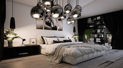 chandeliers hanging in a bedroom, featuring a wire black glitter ceiling design, the loft interior details in a white modern minimalist style to emphasize the fusion of elegance and simplicity.