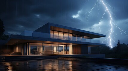 a lightning rod on the roof of a modern house, showcasing the essential safety feature designed to protect the structure from lightning strikes. - obrazy, fototapety, plakaty