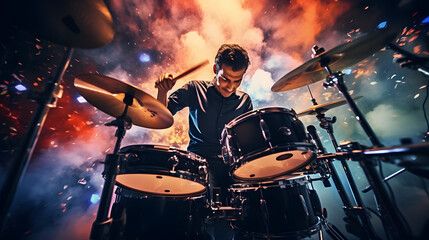 Drummer in action at high-energy concert performance