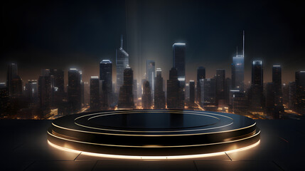 Fototapeta premium Glossy black round podium with city skyline at night for display