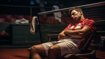 a tennis player is resting between two matches in a tennis court - obrazy, fototapety, plakaty