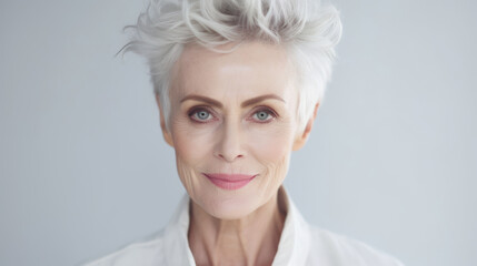 Close up portrait of beautiful older smiling woman in the studio on white background with copy space