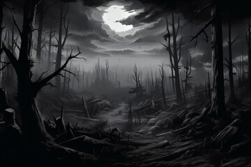 A black and white photo of a forest consumed by fire illustration concept art