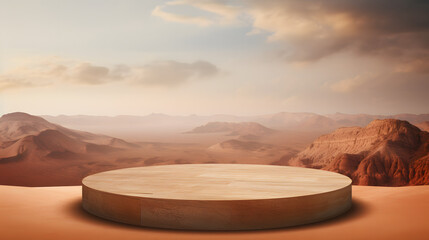Sandy round podium with desert landscape background for display