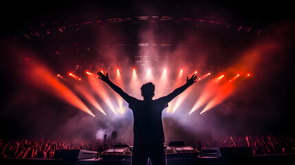 Fototapeta na wymiar DJ silhouette with raised hands in bright stage light