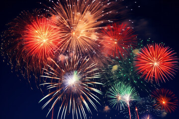 Naklejka premium Fireworks shoot up like rockets into the night sky at summer festival event venues. The luxurious and delicate beauty will become a pleasant and unforgettable memory of summer vacations and holidays.