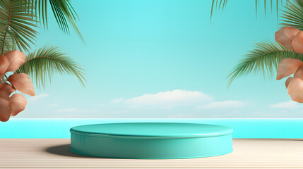 Fototapeta na wymiar Turquoise round podium with tropical beach background for display