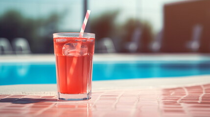 A refreshing red drink on a glass with a straw sitting on a table next to a pool - obrazy, fototapety, plakaty