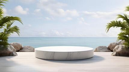 White marble round podium with serene beach background for outdoor display