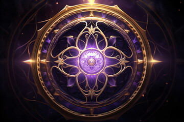 A purple and gold circular magical fantasy object on a black background
