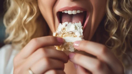 Foto op Aluminium woman eating a cake with cream extremely closeup © Svetlana