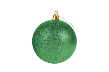 One green glittered Christmas ball isolated on white, transparent background, PNG. Decorative toy, shiny ball covered with glitter. Decor for the Christmas tree and New Year holiday.