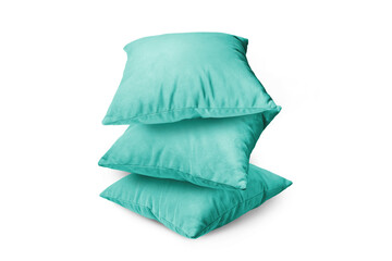 Stack of turquoise pillows isolated on white, transparent background, PNG. Pile of  decorative cushions for sleeping and resting, home interior, house decor.