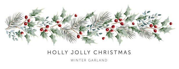 Christmas garland, text, white background. Green holly, pine twigs, red berries. Winter nature design. Vector illustration. Greeting banner template. Xmas forest - 685900785