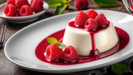 cream with raspberries,
Panna cotta Food,
"Creamy Raspberry Delight,
Cream, Raspberries, Dessert, Sweet Treat,


