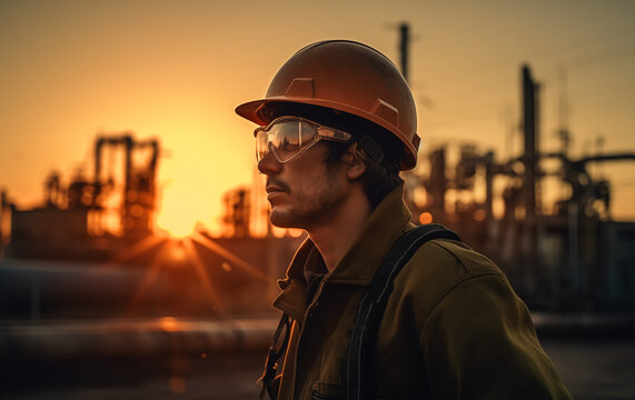 Oil crude and gas refineries. Worker in a Hard construnction helmet at Oil refinery plant with smoking chimneys. Gas Processing Plant. Pipes of natural gas factory. Oil refining and Petrochemical.