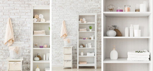 Collage of shelving units with towels and cosmetics near brick wall in bathroom - obrazy, fototapety, plakaty