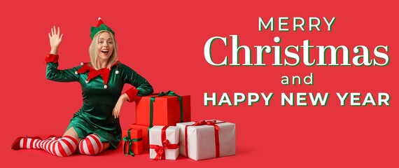 Festive banner with happy young woman in elf costume and many Christmas gifts