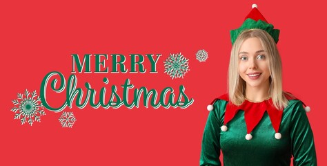 Greeting Christmas banner with young woman in elf costume