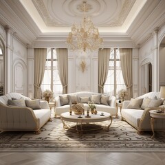 Luxury elegant white and gold living room interior design with retro style furniture, wallpaper and accessories in a beautiful trendy scene of classic Victorian style