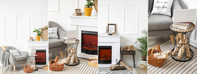 Collage of stylish living room with fireplace, firewood and grey armchair