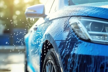 Vehicle condition being washed, blue car, car wash concept