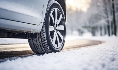 Close up of a car tire parked on snowy road on winter day. Transportation and safety concept.
