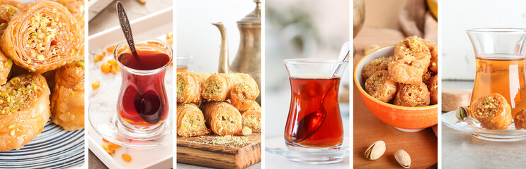 Collage of tasty Turkish baklava and tea on table
