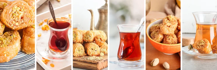 Gordijnen Collage of tasty Turkish baklava and tea on table © Pixel-Shot