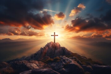 Jesus Christ Concept : cross on sunset sky background