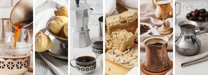Collage of tasty Turkish sweets and coffee on table