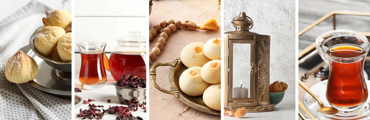 Collage of tasty Turkish sweets, tea and Muslim lantern on table