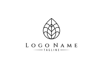 Water drop vector illustration logo design with leaf combination in line art design