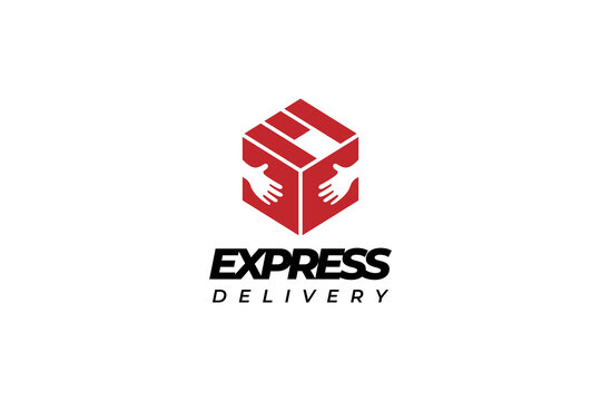 Express delivery box logo design with hand and letter e combination