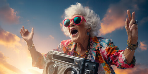 cool crazy granny lady singing funky music, holding tape recorder, wear colorful jacket sunglasses specs necklace. retro style. on sky background. happy grandmother. forever young. Generative ai. - obrazy, fototapety, plakaty