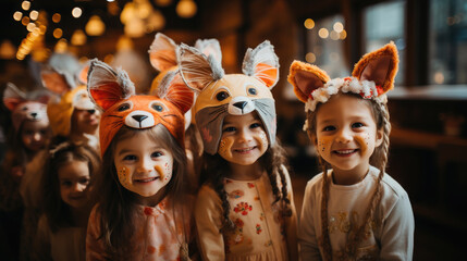 cheerful children in animal costumes at a masquerade, masks, boys, girls, kids, child, holiday, kindergarten, friends, carnival, party, emotional faces, people, portrait, childhood, festival outfit