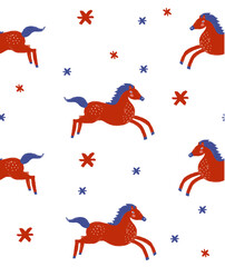 Funny SeamlessVector Pattern with Red-Blue Horses Running Among Stars. Cute Crayon Drawing-Like Wild Horses on a White Background. Farm Animals Repeatable Print.Infantile Style Print with Mustangs.RGB