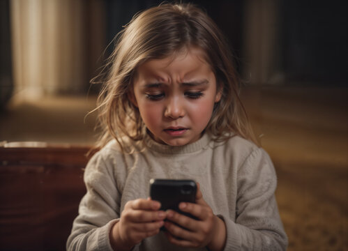 little girl crying looking at smartphone