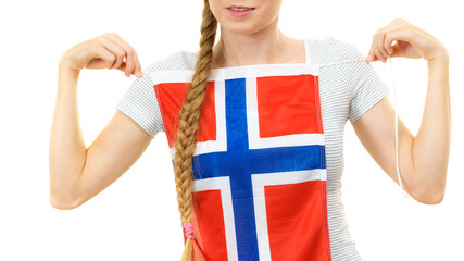 Young woman holding norwegian flag. Education.