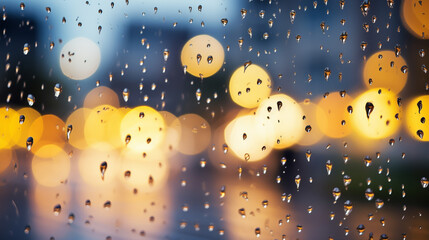Raindrops on window, Cityscape reflections blurred in background, Emphasizing tranquility of rainy day, AI Generated
