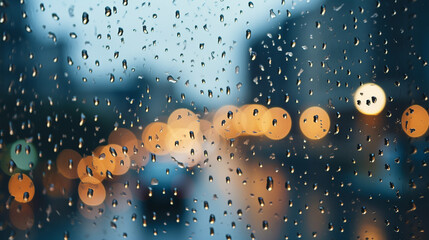Raindrops on window, Cityscape reflections blurred in background, Emphasizing tranquility of rainy day, AI Generated