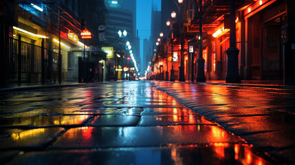 Rainy evening on street, Reflecting on wet road, Capturing dynamic and wet urban life, AI Generated