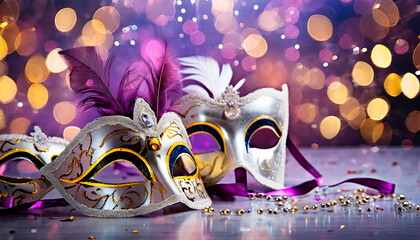 Carnival masks with paper ribbons and confetti. AI generated.